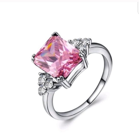 silver ring women princess cut pink sapphire - Picture 2 of 5